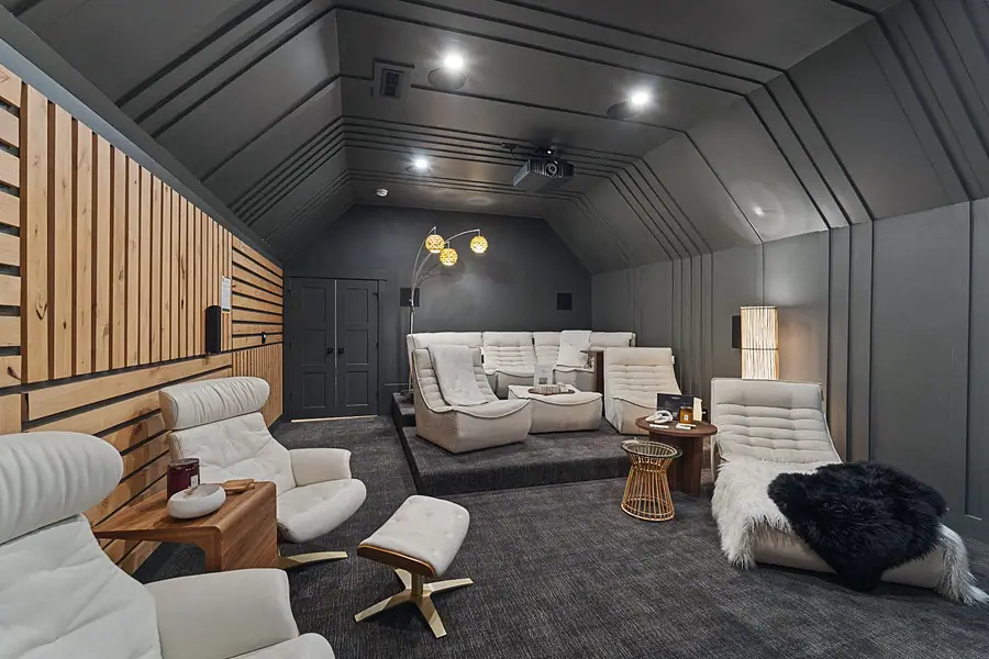 Matterhorn Hygge House home theater seating with wood accent wall and reclining chairs