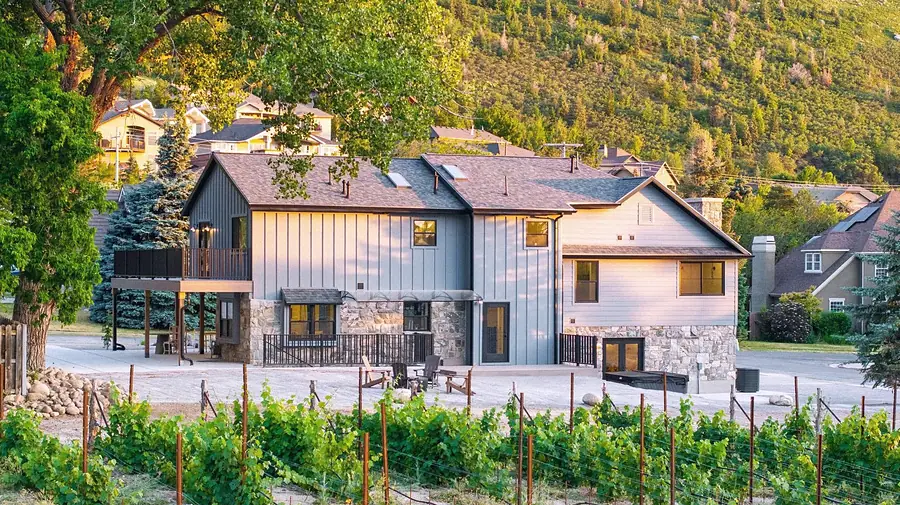Little Gem rear elevation with vineyard in the foreground and hillside homes beyond